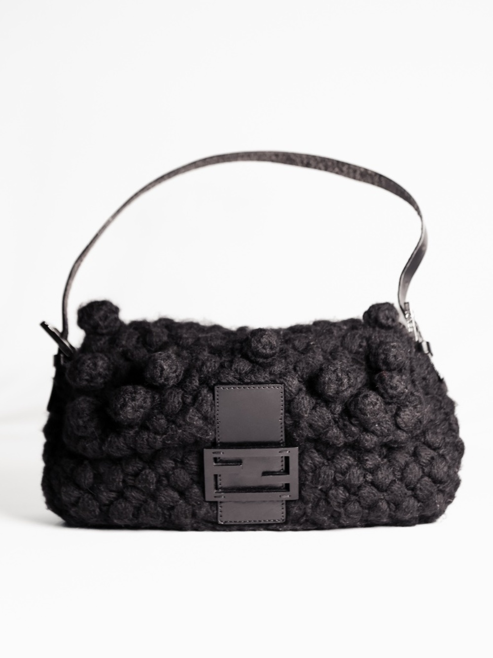 Vintage Fendi Mamma Baguette Wool Knit Black Hobo Shoulder Bag
